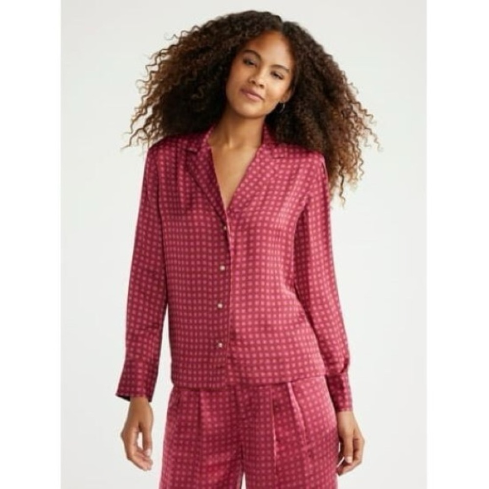 Free Assembly.  Red Patterned Button-Up Blouse and pants